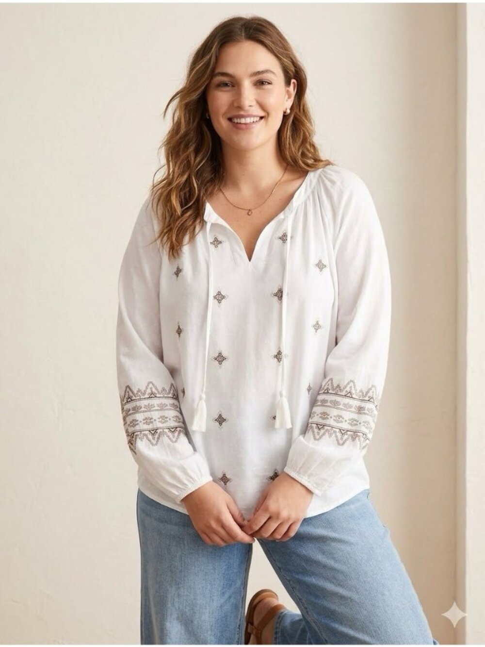 Style & Co. Women's XL White Solid Eyelet Embroidered V-Neck Tie Peasant Blouse